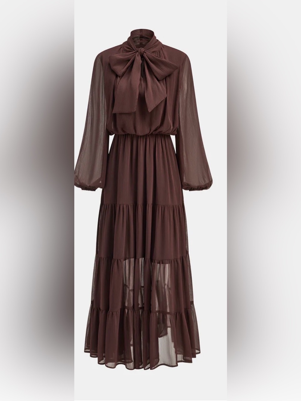 Commense Brown Tie-Neck Long Sleeve Tiered Maxi Dress